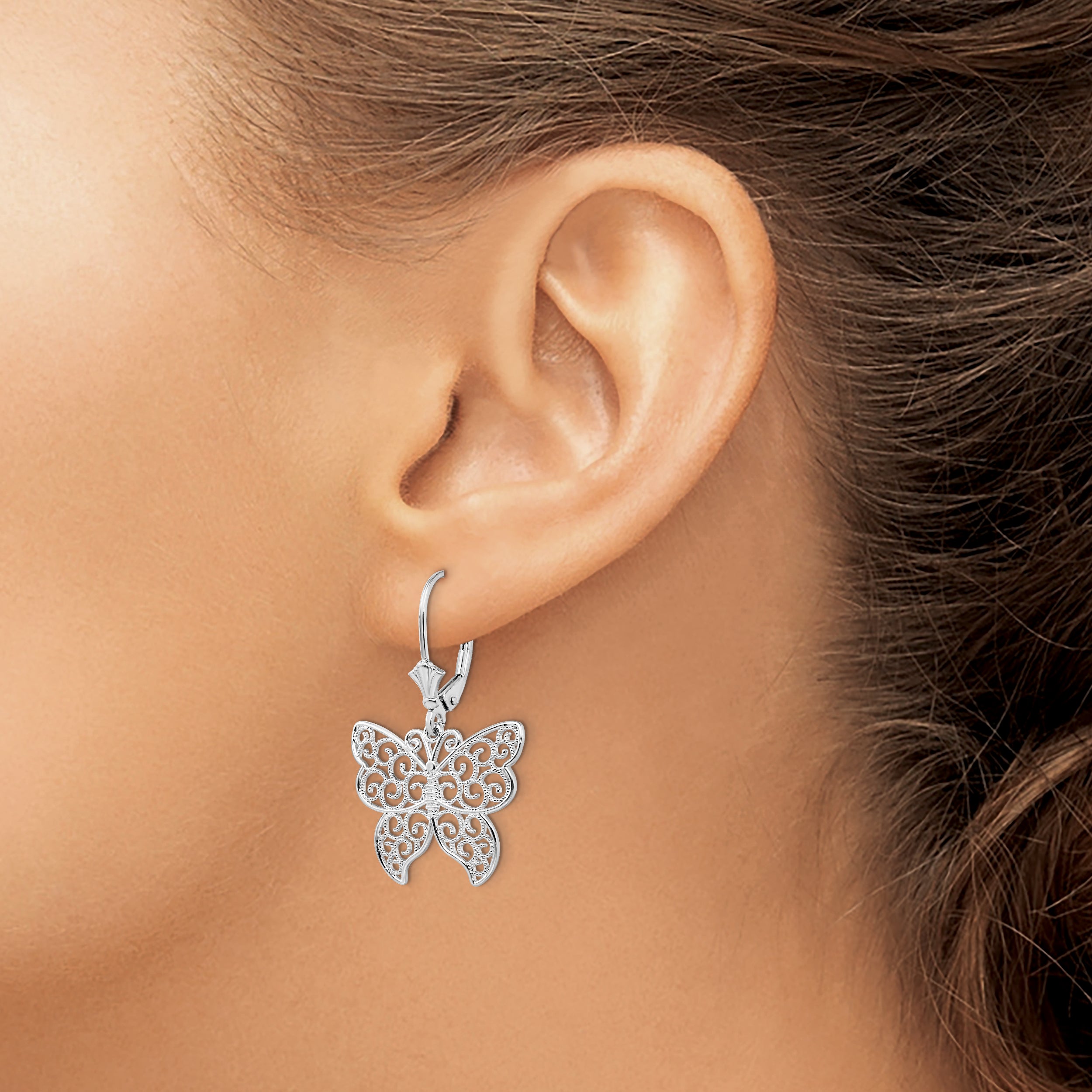 Sterling Silver De-Ani Rhodium-Plated Polished Filigree Butterfly Leverback Earrings