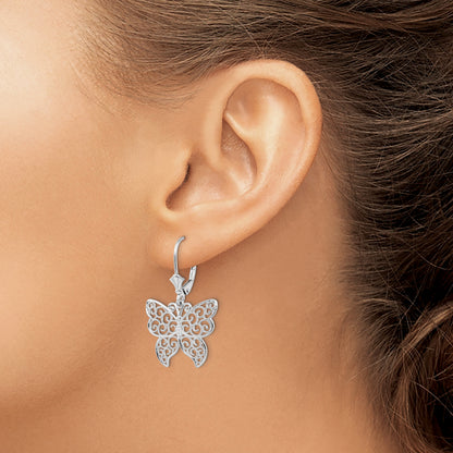 Sterling Silver De-Ani Rhodium-Plated Polished Filigree Butterfly Leverback Earrings
