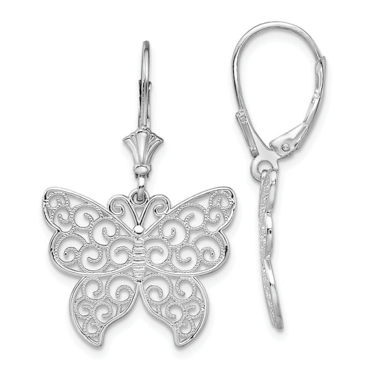 Sterling Silver De-Ani Rhodium-Plated Polished Filigree Butterfly Leverback Earrings