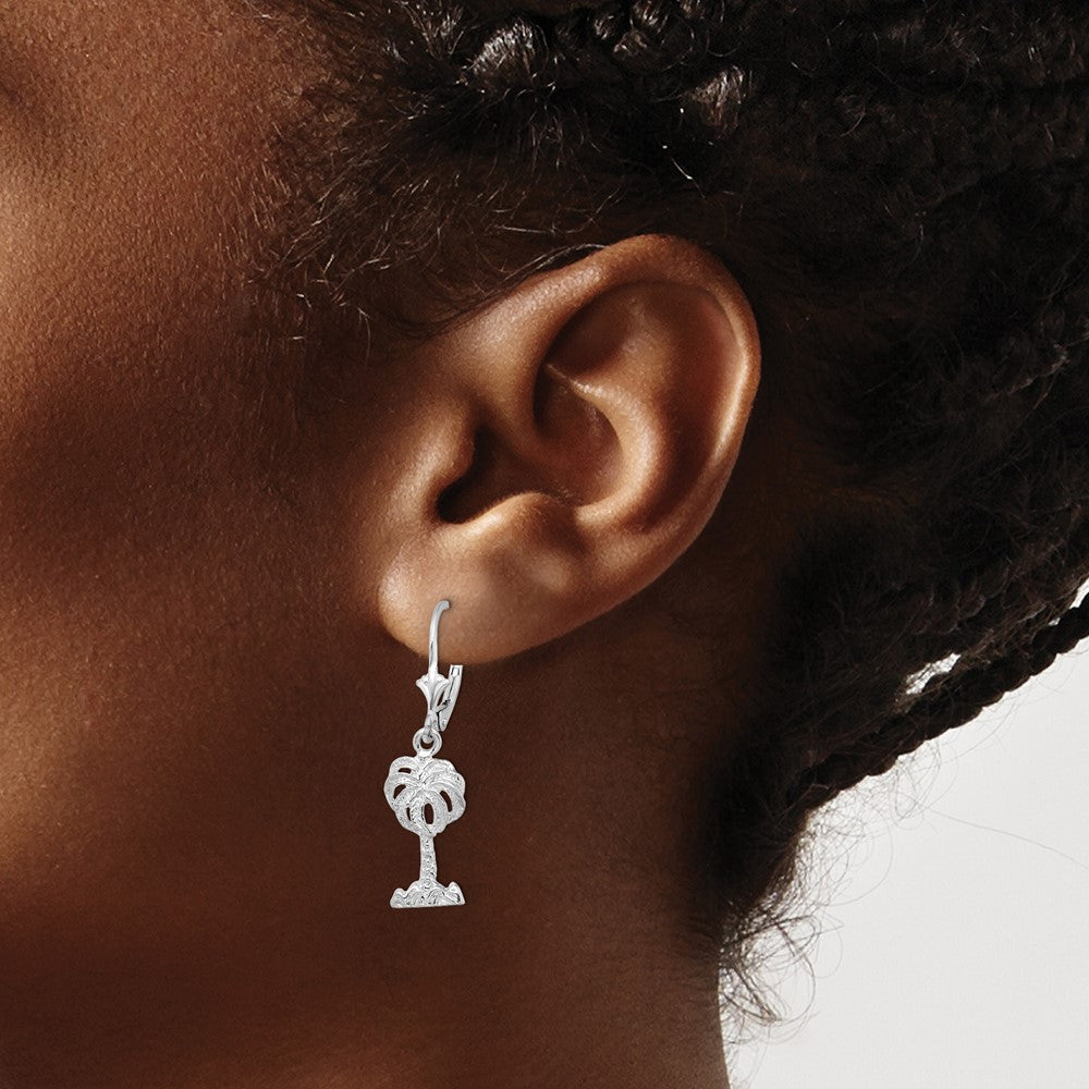 Sterling Silver De-Ani Rhodium-Plated Polished Palm Tree Leverback Earrings
