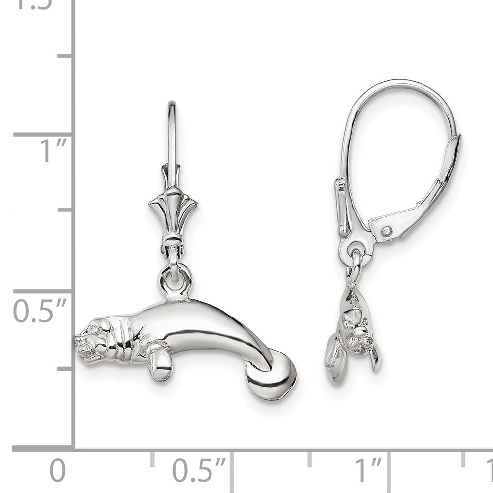 Sterling Silver De-Ani Rhodium-Plated Polished 3D Manatee Leverback Earrings