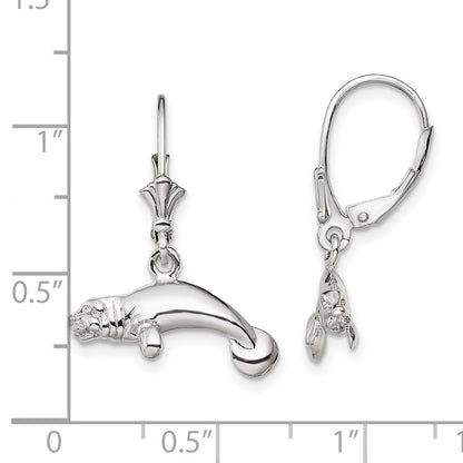 Sterling Silver De-Ani Rhodium-Plated Polished 3D Manatee Leverback Earrings