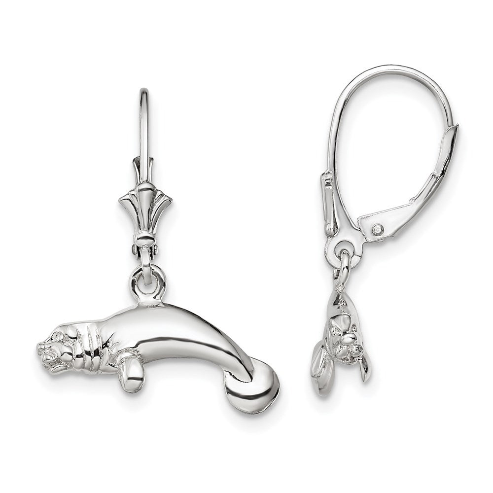 Sterling Silver De-Ani Rhodium-Plated Polished 3D Manatee Leverback Earrings
