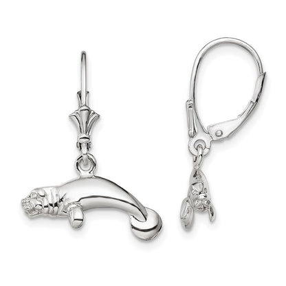 Sterling Silver De-Ani Rhodium-Plated Polished 3D Manatee Leverback Earrings