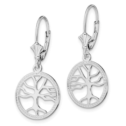 Sterling Silver De-Ani Rhodium-Plated Polished Tree Of Life In Circle Leverback Earrings
