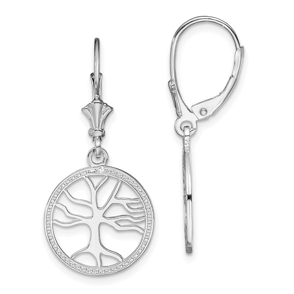 Sterling Silver De-Ani Rhodium-Plated Polished Tree Of Life In Circle Leverback Earrings