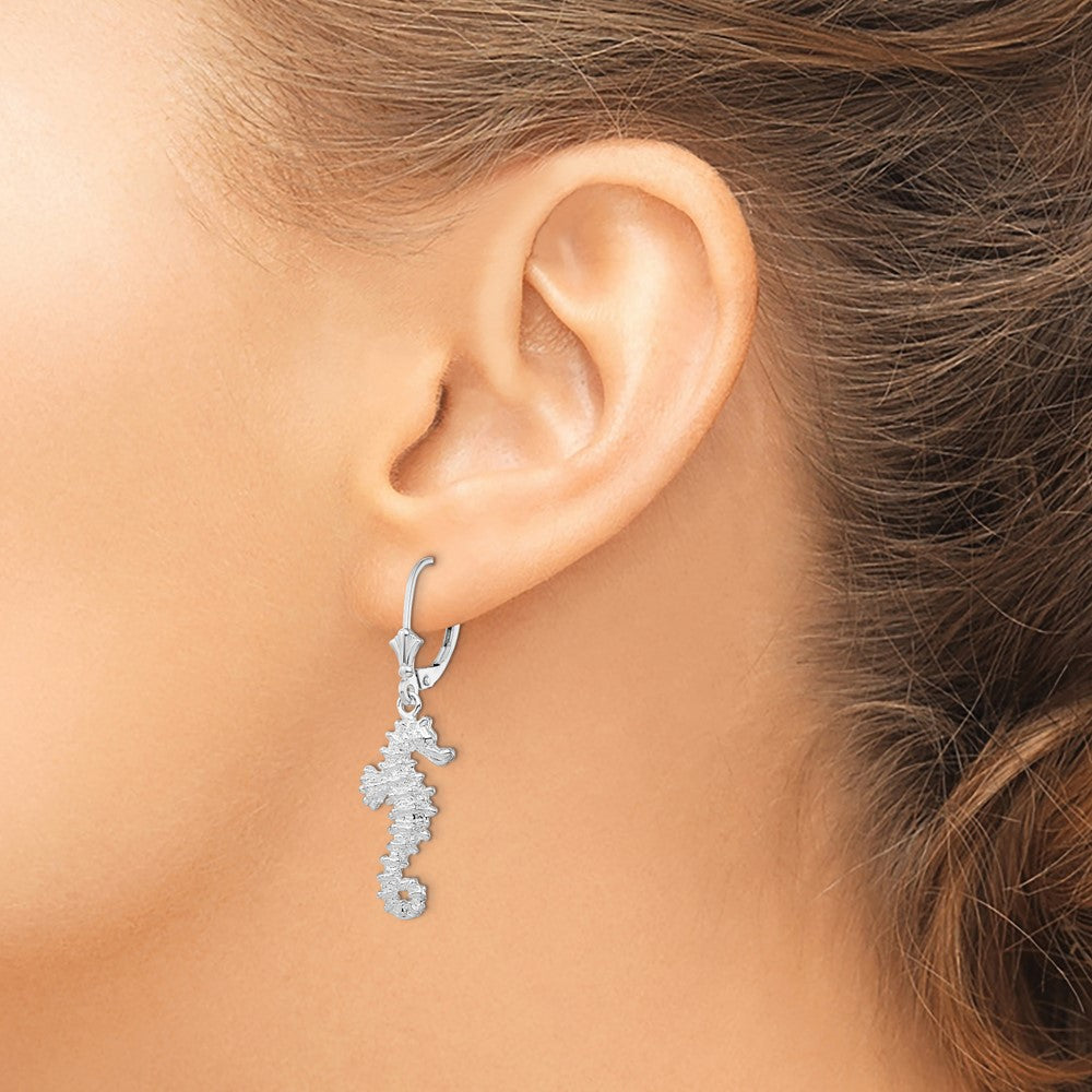 Sterling Silver De-Ani Rhodium-Plated Polished 3D Seahorse Leverback Earrings