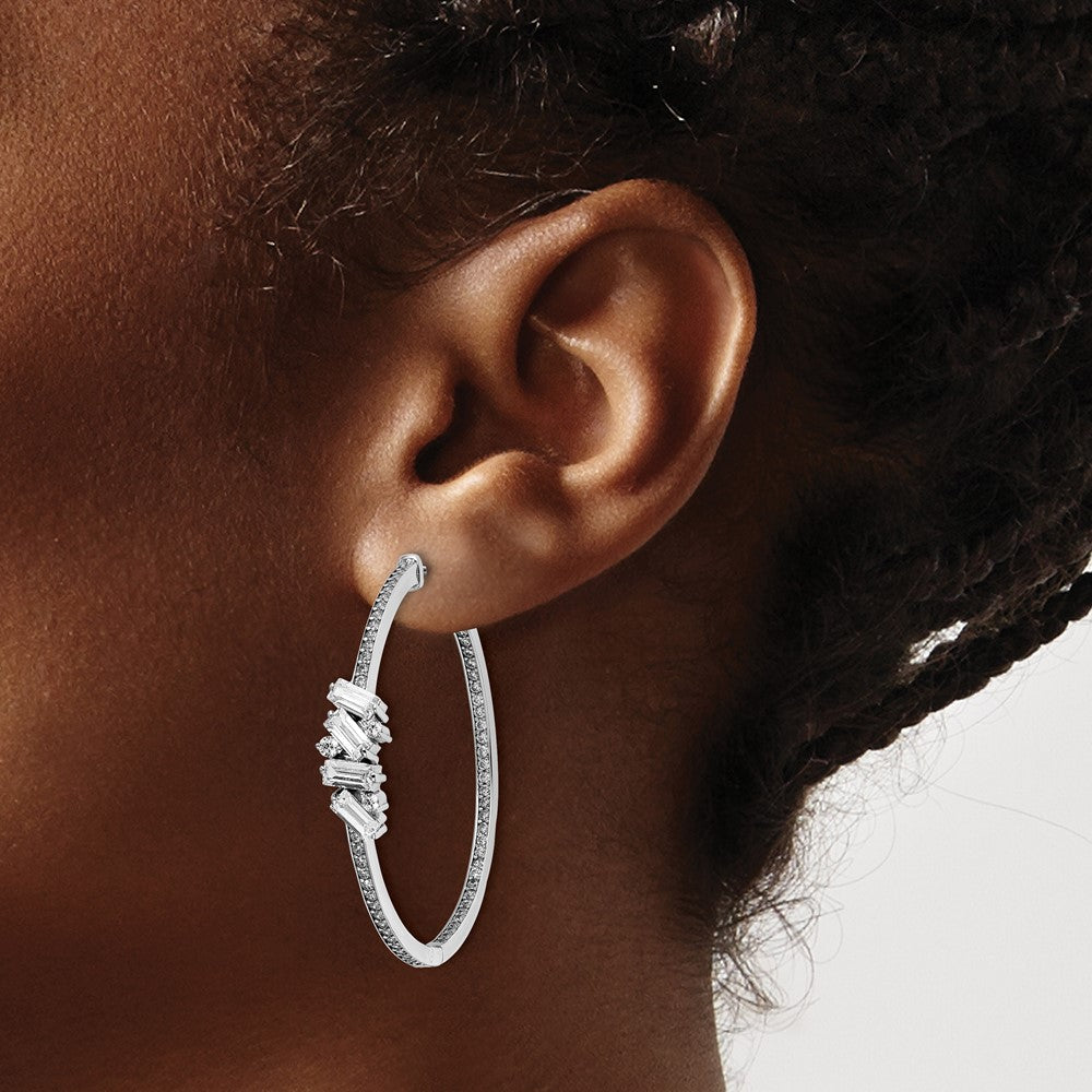 Sterling Silver Shimmer Rhodium-Plated 138 Stone Cz Fancy In And Out Round Hinged Hoop Earrings