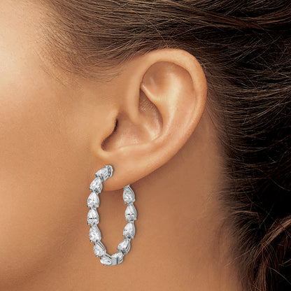 Sterling Silver Shimmer Rhodium-Plated 24 Stone Pear Shaped Cz Fancy In And Out Oval Hinged Hoop Earrings