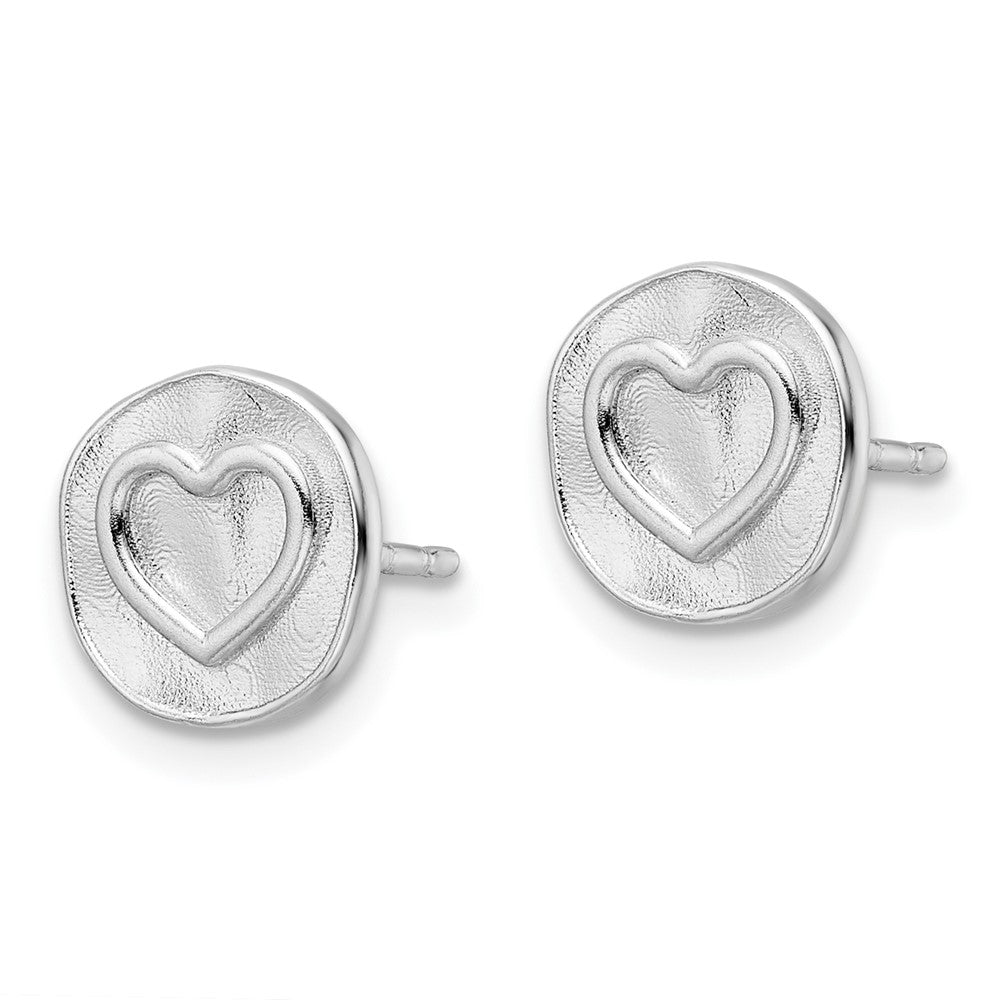 Sterling Silver Rhodium-Plated Heart In Satin Circle Post Earrings