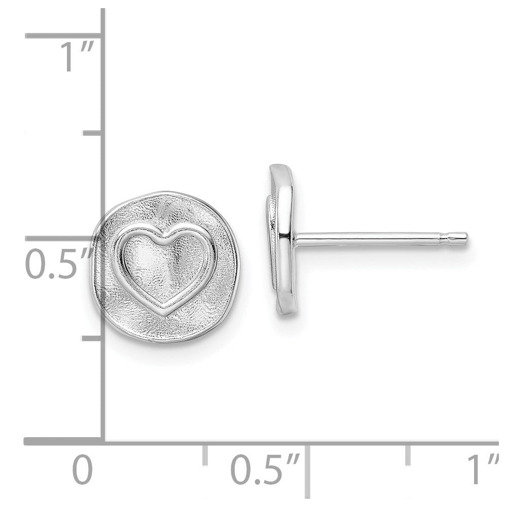 Sterling Silver Rhodium-Plated Heart In Satin Circle Post Earrings