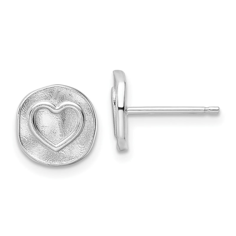 Sterling Silver Rhodium-Plated Heart In Satin Circle Post Earrings