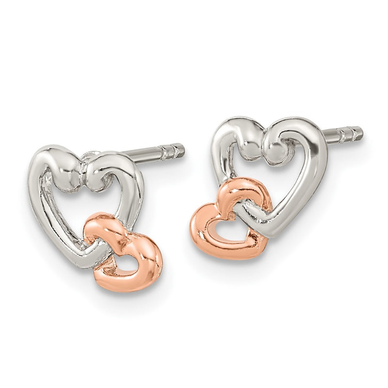 Ss/Rose Plated Sterling Silver Rhodium/Rose Gold-Plated Polish Double Heart Post Earrings