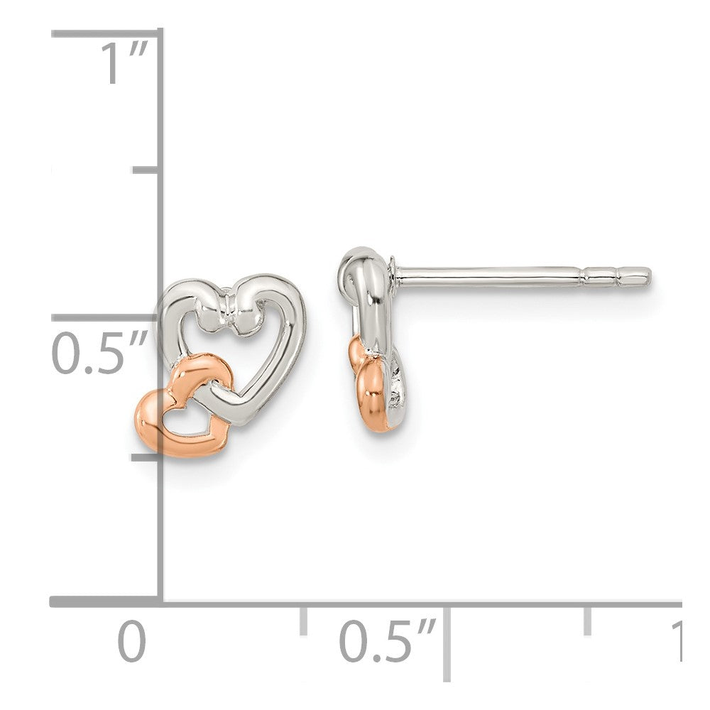 Ss/Rose Plated Sterling Silver Rhodium/Rose Gold-Plated Polish Double Heart Post Earrings