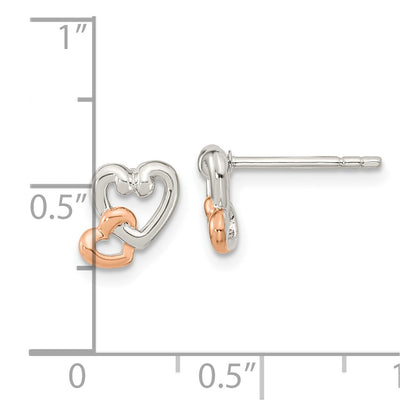 Ss/Rose Plated Sterling Silver Rhodium/Rose Gold-Plated Polish Double Heart Post Earrings