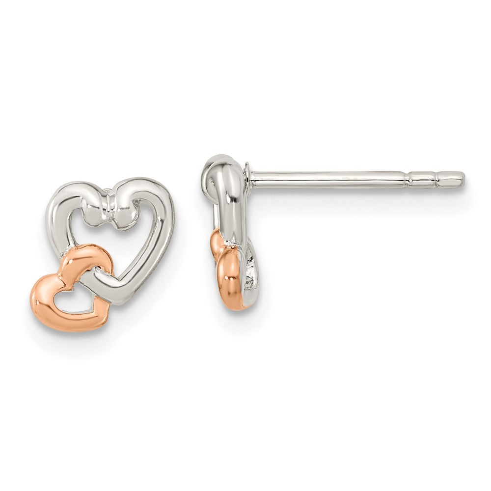 Ss/Rose Plated Sterling Silver Rhodium/Rose Gold-Plated Polish Double Heart Post Earrings