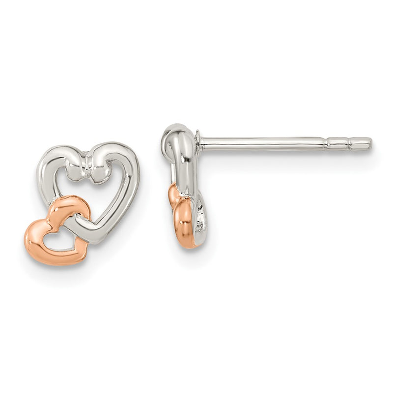 Ss/Rose Plated Sterling Silver Rhodium/Rose Gold-Plated Polish Double Heart Post Earrings