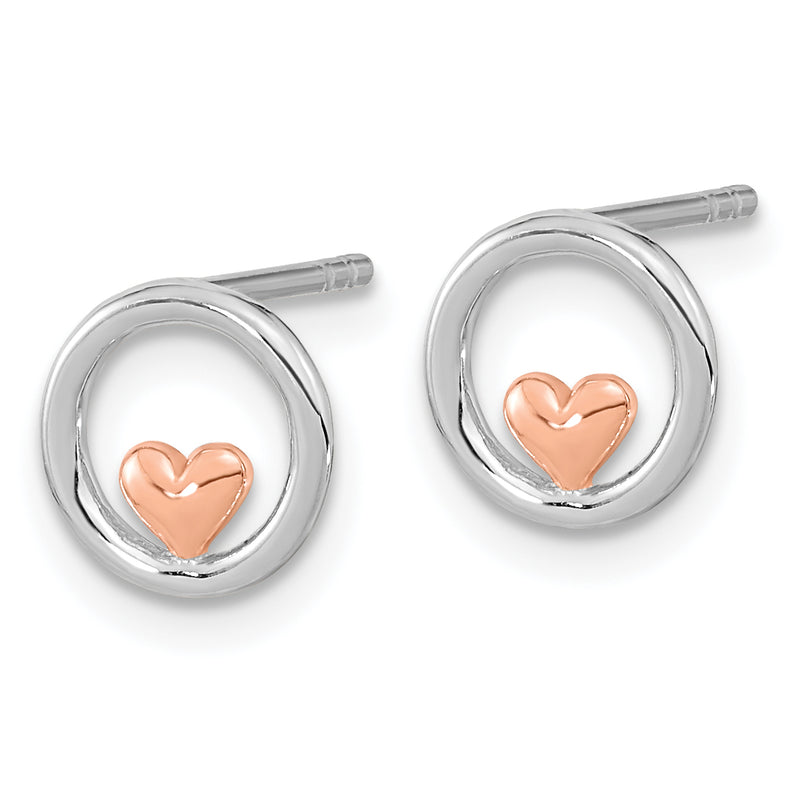 Ss/Rose Plated Sterling Silver Rh-Plated & Rose Gold-Plated Circle W/Heart Post Earrings