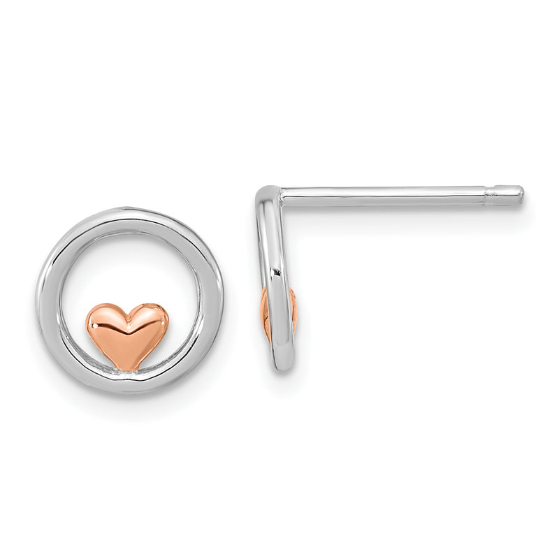 Ss/Rose Plated Sterling Silver Rh-Plated & Rose Gold-Plated Circle W/Heart Post Earrings