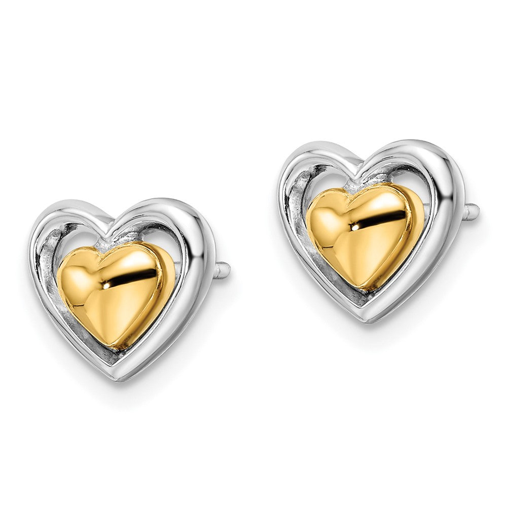 Ss/Gold Plated Sterling Silver Rh-Plated & Gold-Plated Heart Post Earrings