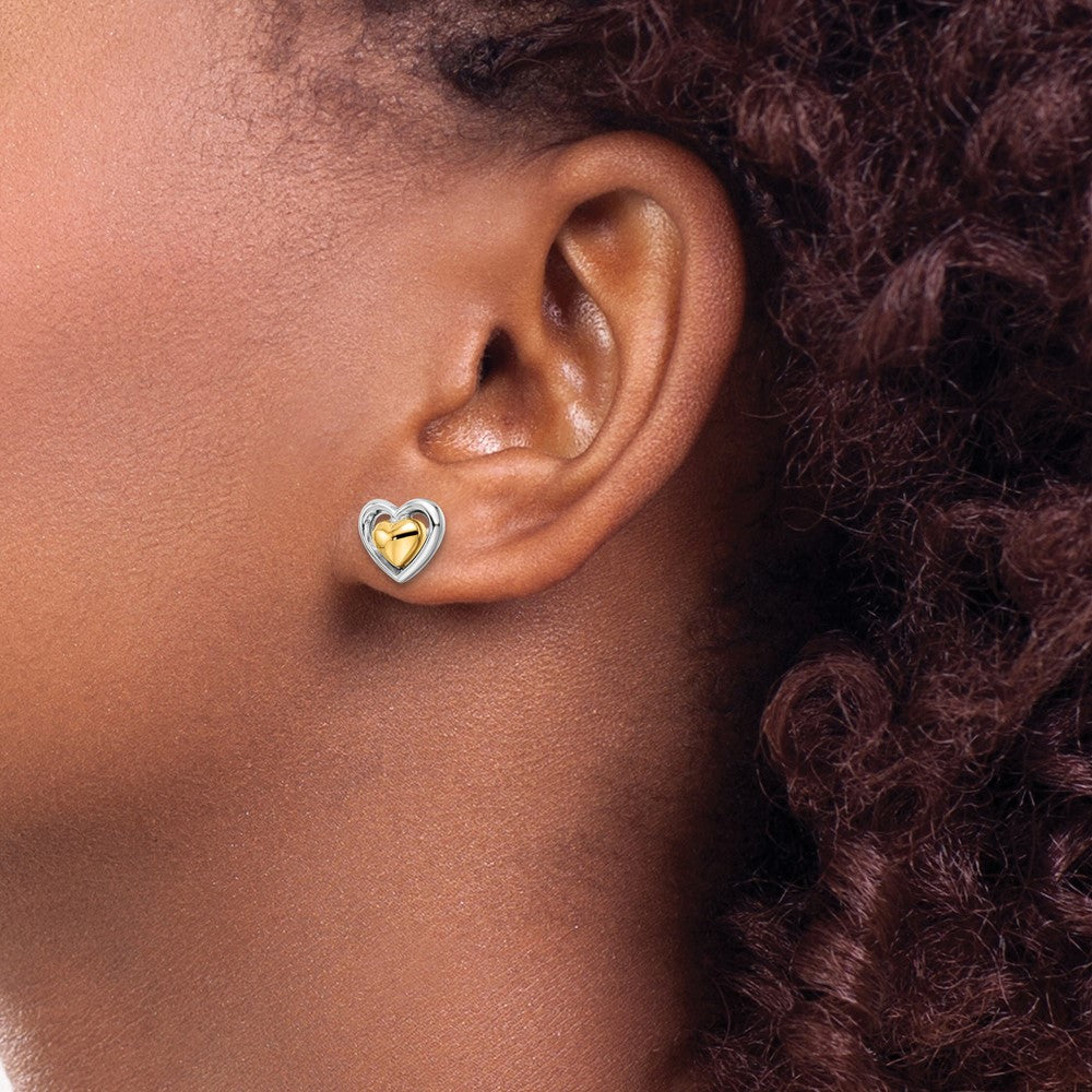 Ss/Gold Plated Sterling Silver Rh-Plated & Gold-Plated Heart Post Earrings
