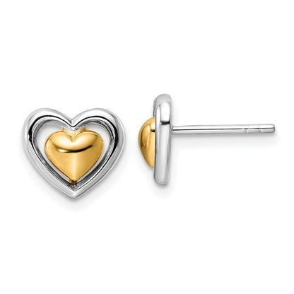 Ss/Gold Plated Sterling Silver Rh-Plated & Gold-Plated Heart Post Earrings