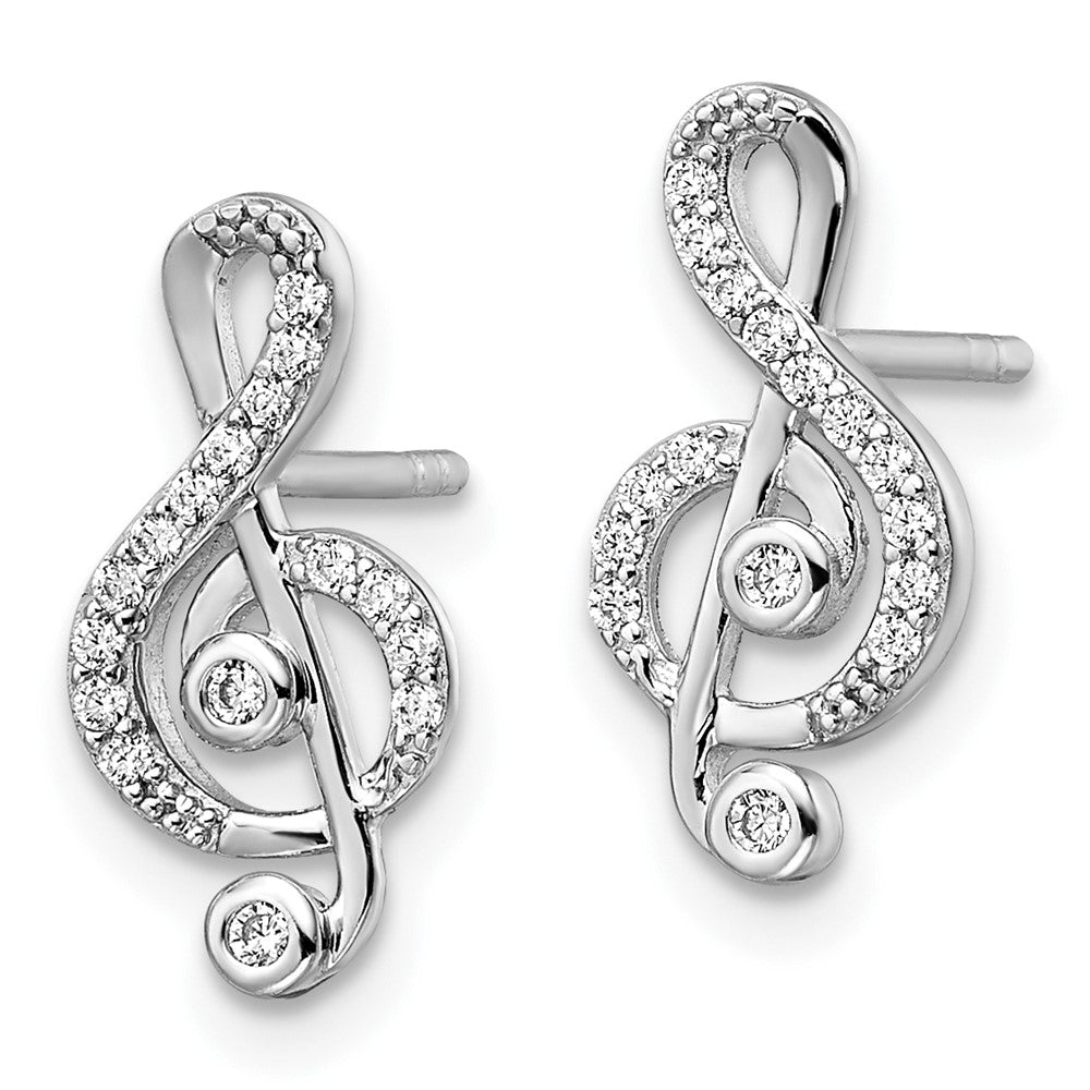 Sterling Silver Rhodium-Plated Cz Treble Clef Post Earrings