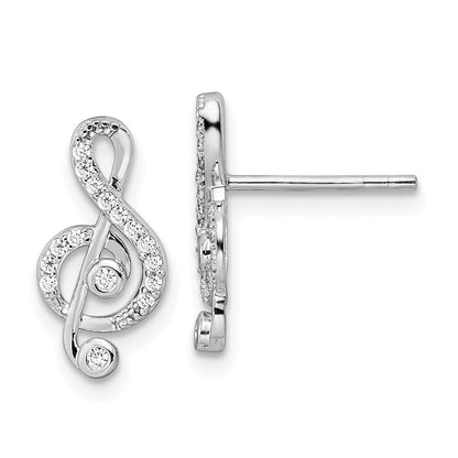 Sterling Silver Rhodium-Plated Cz Treble Clef Post Earrings