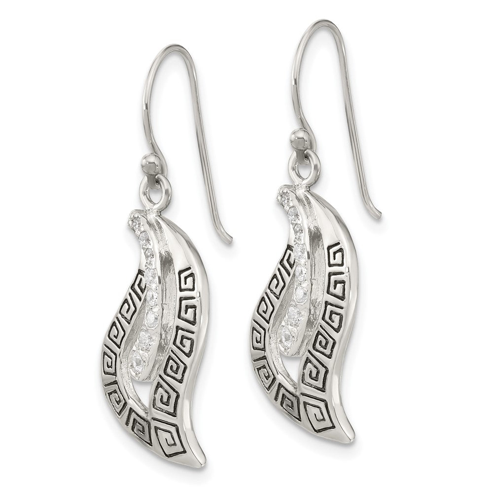 Sterling Silver Antiqued Cz Greek Key Leaf Shepherd Hook Earrings