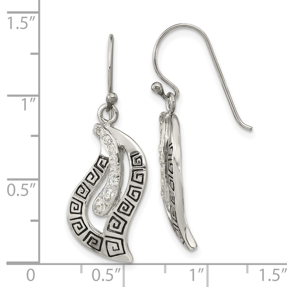 Sterling Silver Antiqued Cz Greek Key Leaf Shepherd Hook Earrings