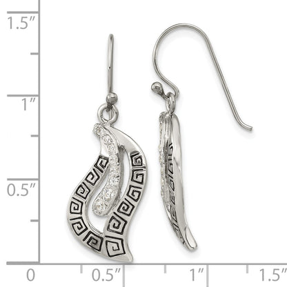 Sterling Silver Antiqued Cz Greek Key Leaf Shepherd Hook Earrings