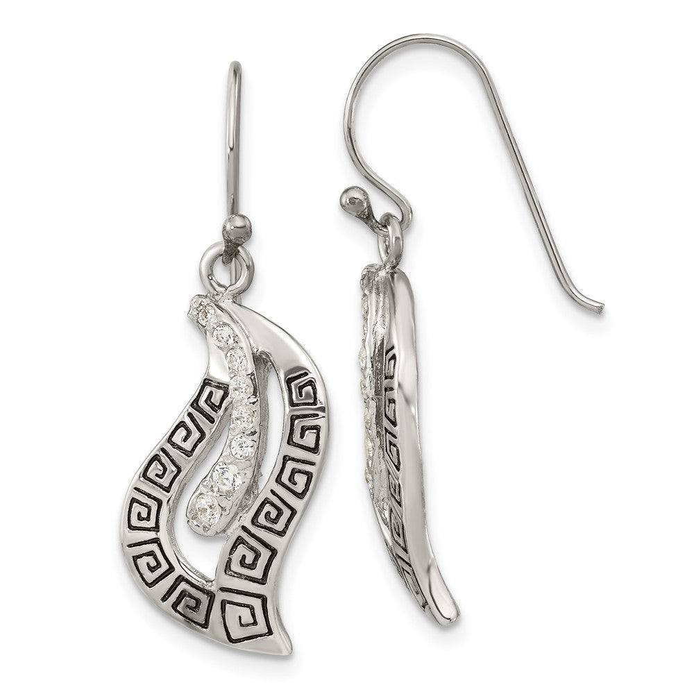 Sterling Silver Antiqued Cz Greek Key Leaf Shepherd Hook Earrings