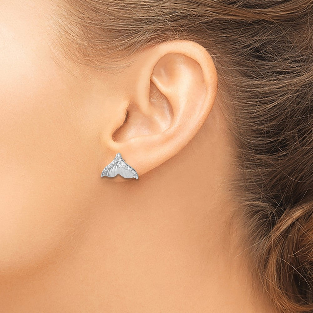 Sterling Silver Rhodium-Plated Cz Textured Tail Post Earrings
