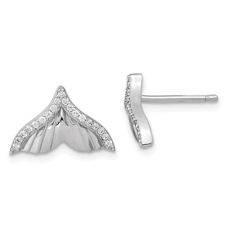 Sterling Silver Rhodium-Plated Cz Textured Tail Post Earrings