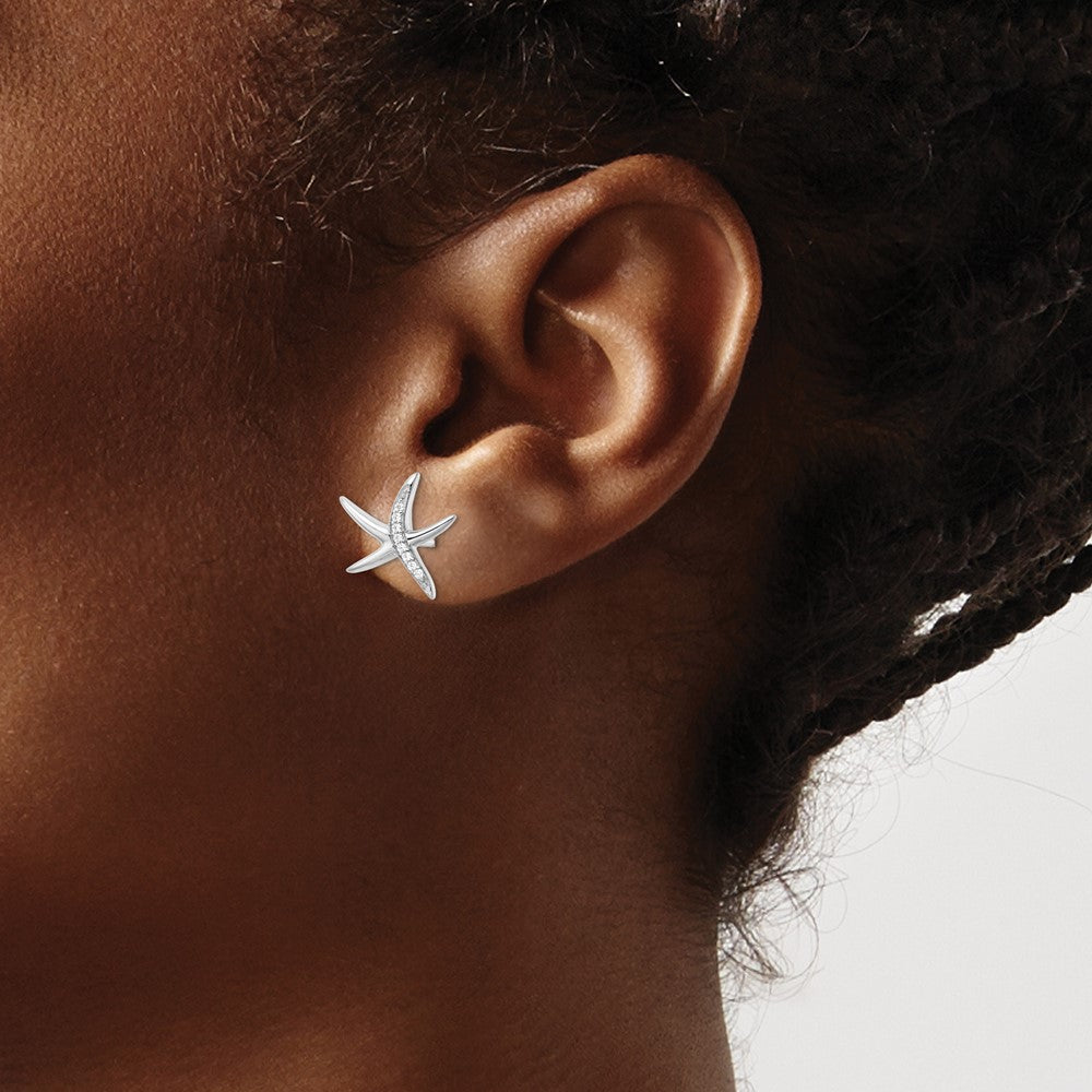 Sterling Silver Rhodium-Plated Cz Starfish Post Earrings
