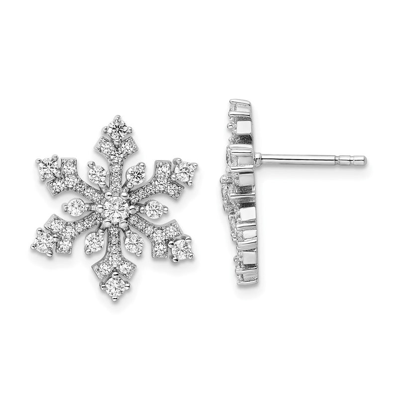 Sterling Silver Rhodium-Plated Cz Snowflake Post Earrings