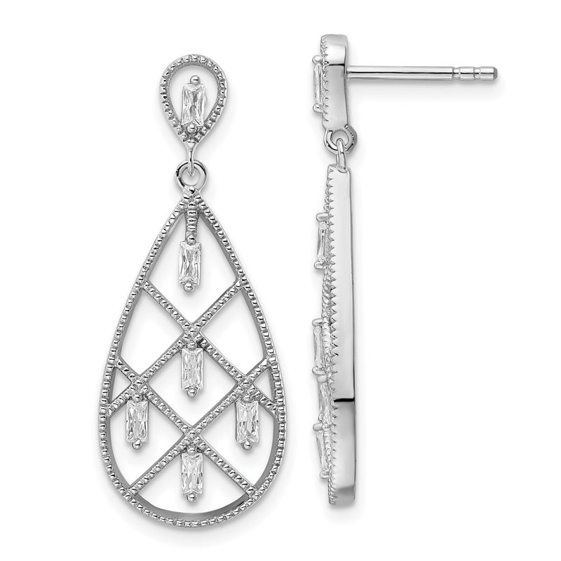 Sterling Silver Rhodium-Plated Baguette Cz Teardrop Post Earrings
