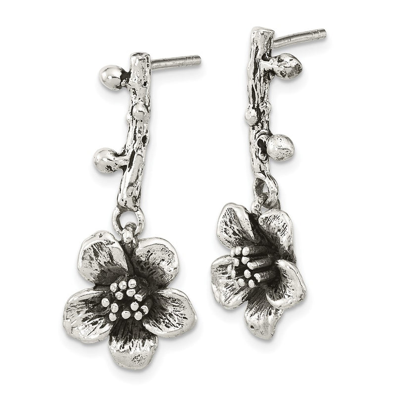 Sterling Silver Oxidized Flower W/Branch Dangle Post Earrings