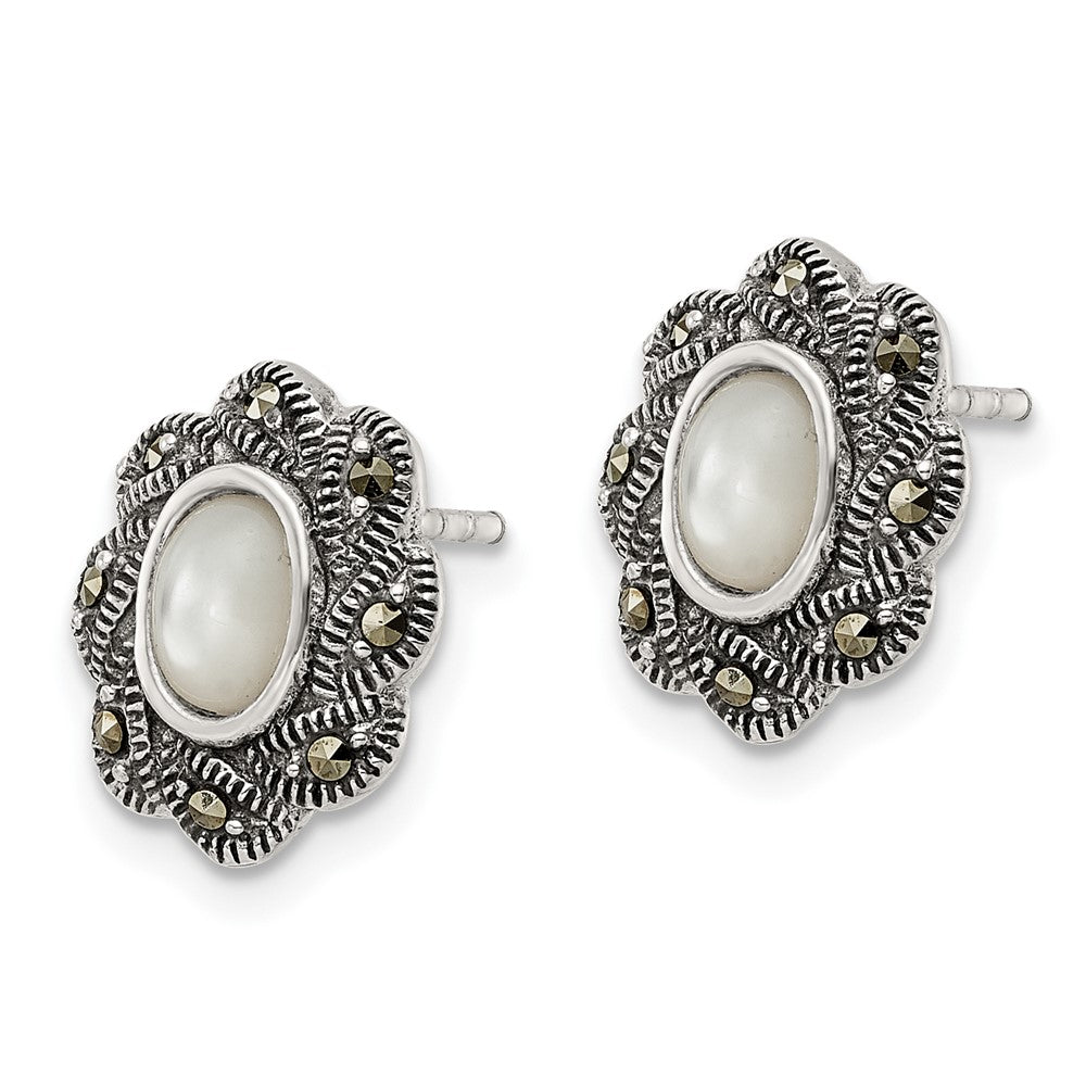 Sterling Silver Antiqued Marcasite & Mop Post Earrings