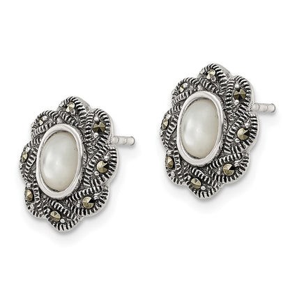 Sterling Silver Antiqued Marcasite & Mop Post Earrings