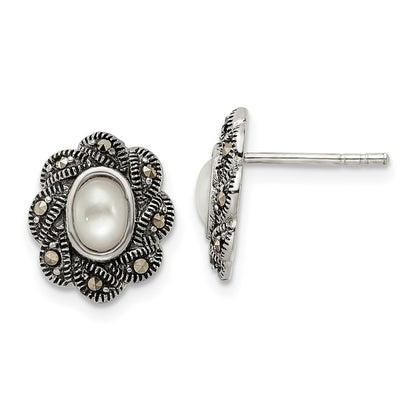 Sterling Silver Antiqued Marcasite & Mop Post Earrings
