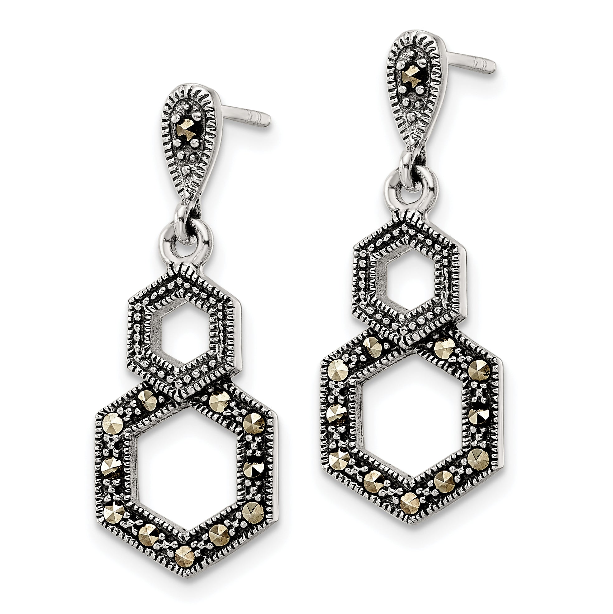 Sterling Silver Antiqued Marcasite Hexagon Post Dangle Earrings