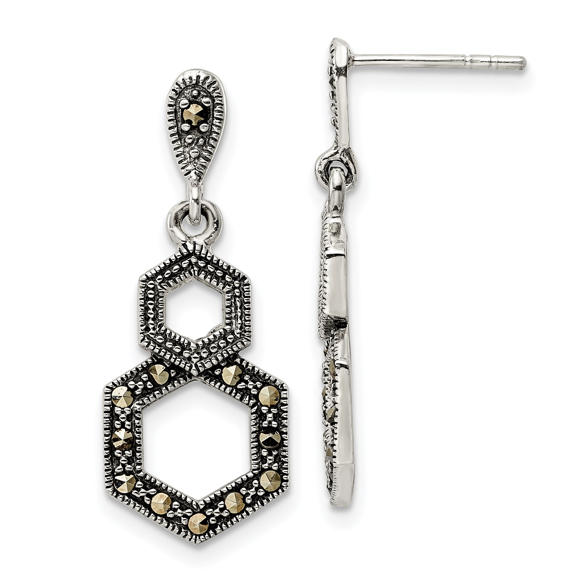 Sterling Silver Antiqued Marcasite Hexagon Post Dangle Earrings