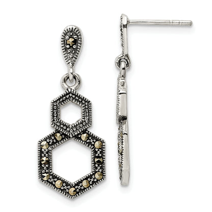 Sterling Silver Antiqued Marcasite Hexagon Post Dangle Earrings
