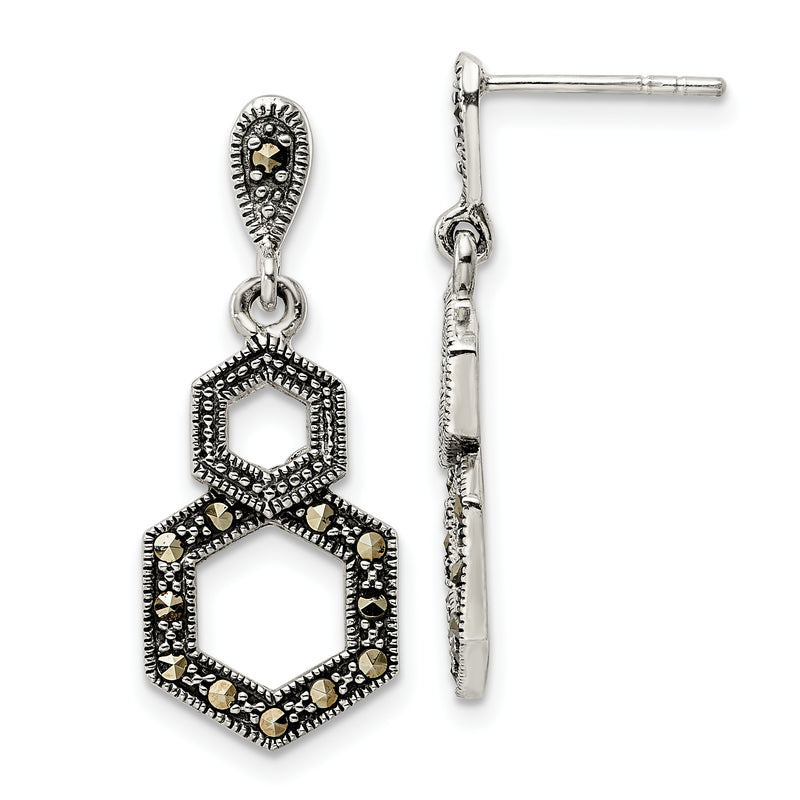 Sterling Silver Antiqued Marcasite Hexagon Post Dangle Earrings