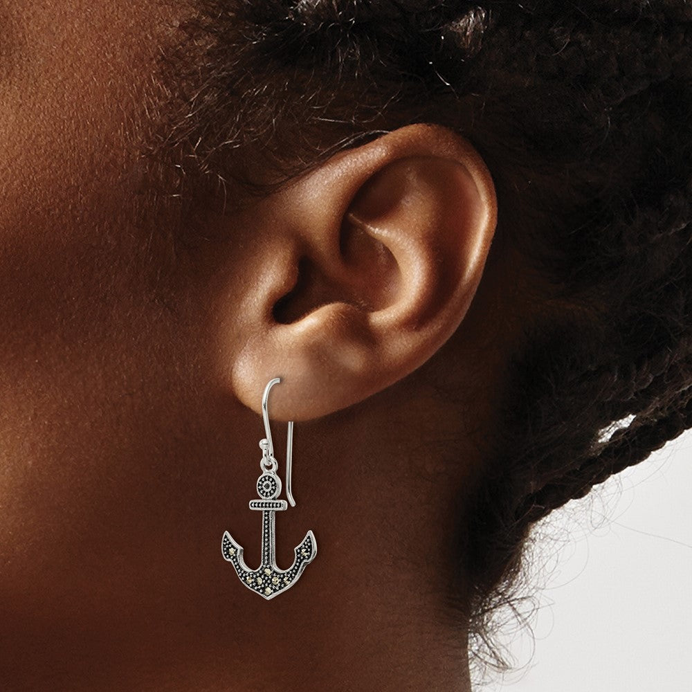 Sterling Silver Antiqued Marcasite Anchor Shepherd Hook Earrings