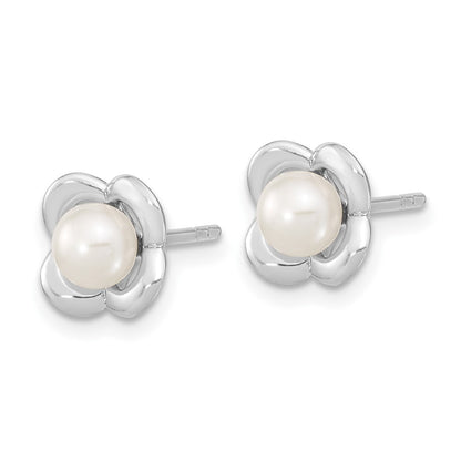 Sterling Silver Rh-Plated Polished Fwc Pearl Flower Post Earrings