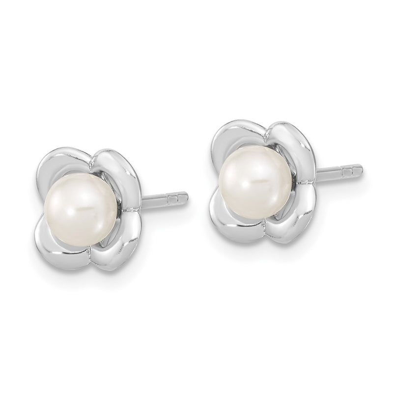 Sterling Silver Rh-Plated Polished Fwc Pearl Flower Post Earrings