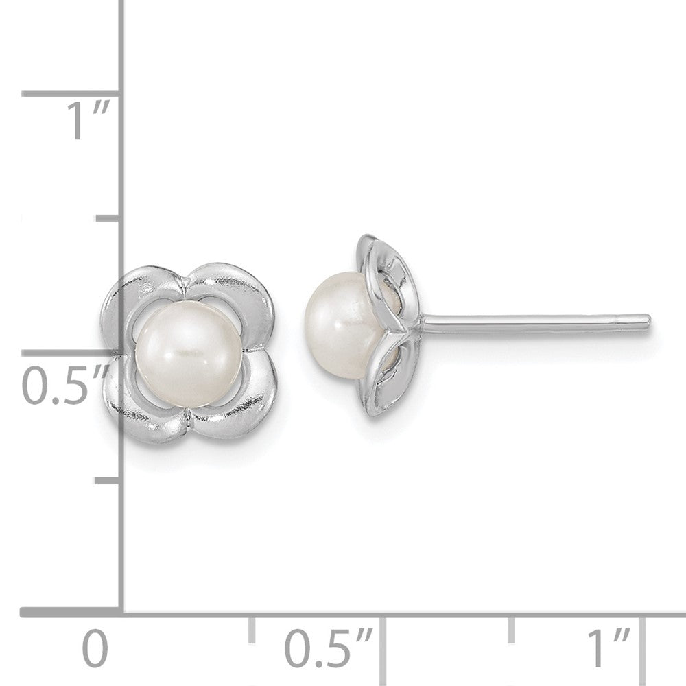 Sterling Silver Rh-Plated Polished Fwc Pearl Flower Post Earrings