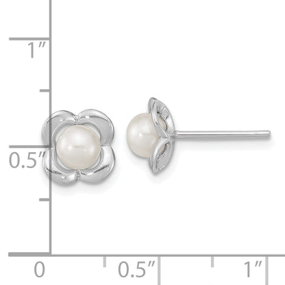 Sterling Silver Rh-Plated Polished Fwc Pearl Flower Post Earrings